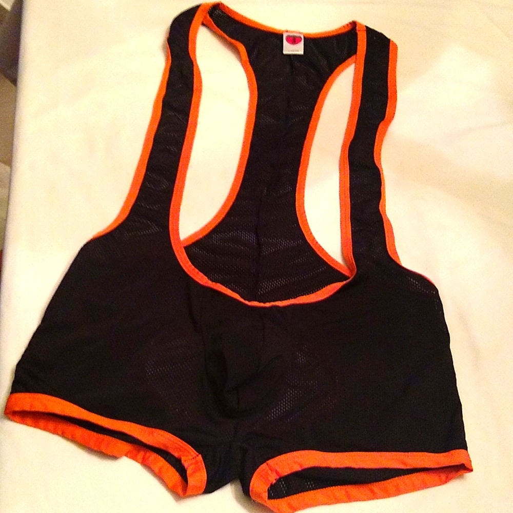 Men's Black and Orange Mesh Singlet w/ Open Backside Size L